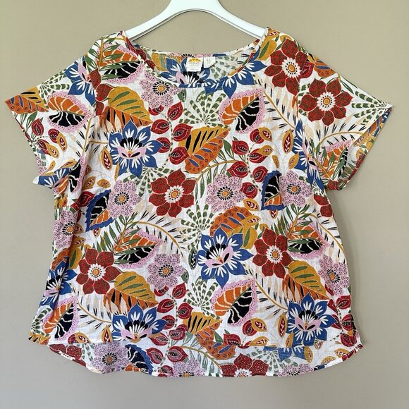 C&C California 100% Linen Boxy Floral Top Women 2X Boho High Low Hem Coastal - Picture 1 of 6